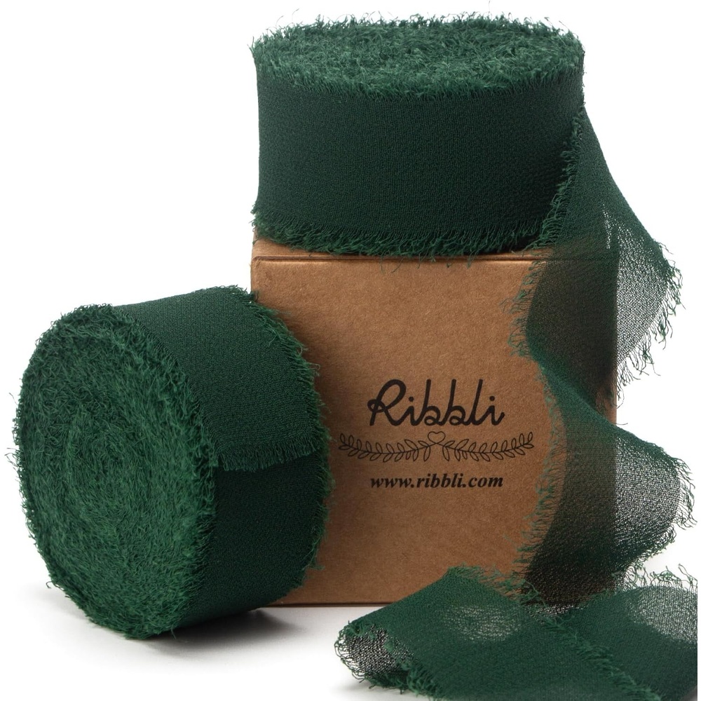 Ribbli Antique Mauve Chiffon Ribbon 1-1/2 inch x 20 Yard Handmade Fringe Chiffon Silk Ribbon,Black Ribbon for Wedding Invitations, Bridal Bouquets Wrapping, Flower Arrangement Decoration(Forest Green)