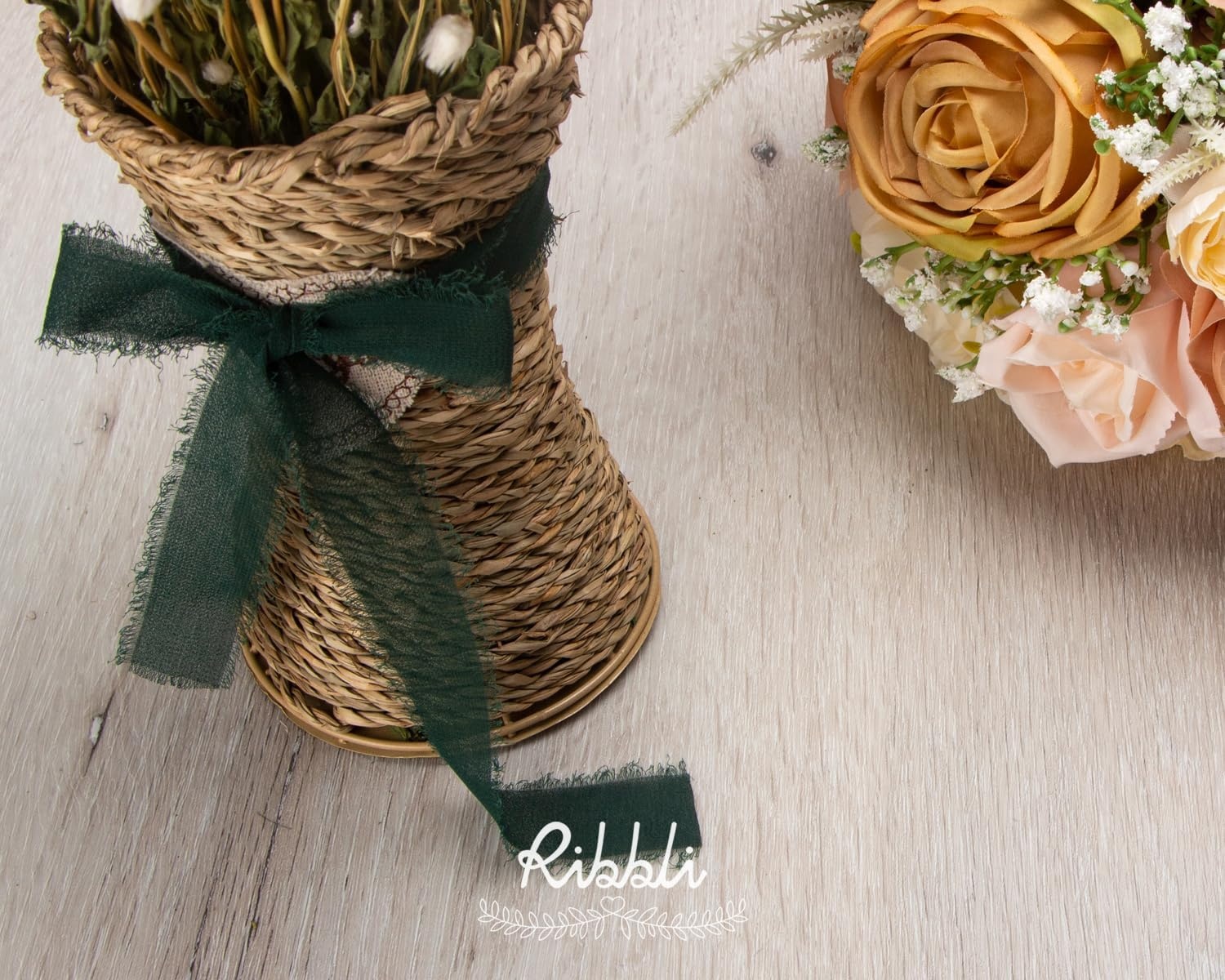 Ribbli Antique Mauve Chiffon Ribbon 1-1/2 inch x 20 Yard Handmade Fringe Chiffon Silk Ribbon,Black Ribbon for Wedding Invitations, Bridal Bouquets Wrapping, Flower Arrangement Decoration(Forest Green)