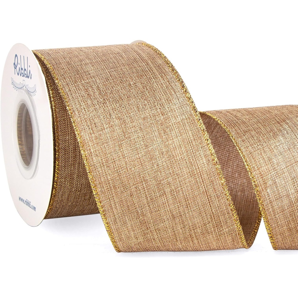 Ribbli Metallic Beige Linen Wired Ribbon,2-1/2 Inch x Continuous 10 Yard, Natural Burlap Ribbon with Gold Edge,Christmas Ribbon for Wreaths,Big Bow,Gift Wrapping, Christmas Tree Decoration(Beige/Gold)