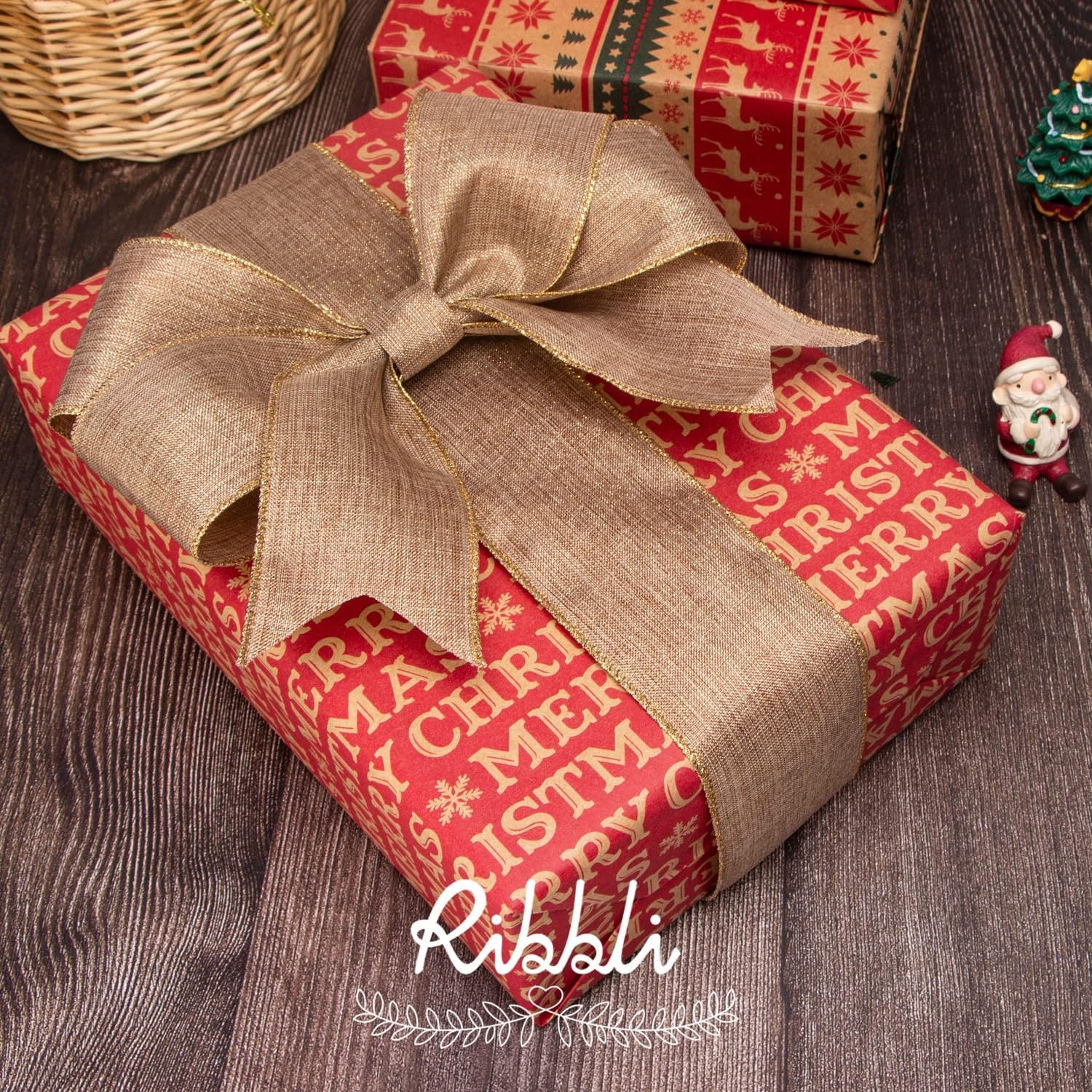 Ribbli Metallic Beige Linen Wired Ribbon,2-1/2 Inch x Continuous 10 Yard, Natural Burlap Ribbon with Gold Edge,Christmas Ribbon for Wreaths,Big Bow,Gift Wrapping, Christmas Tree Decoration(Beige/Gold)