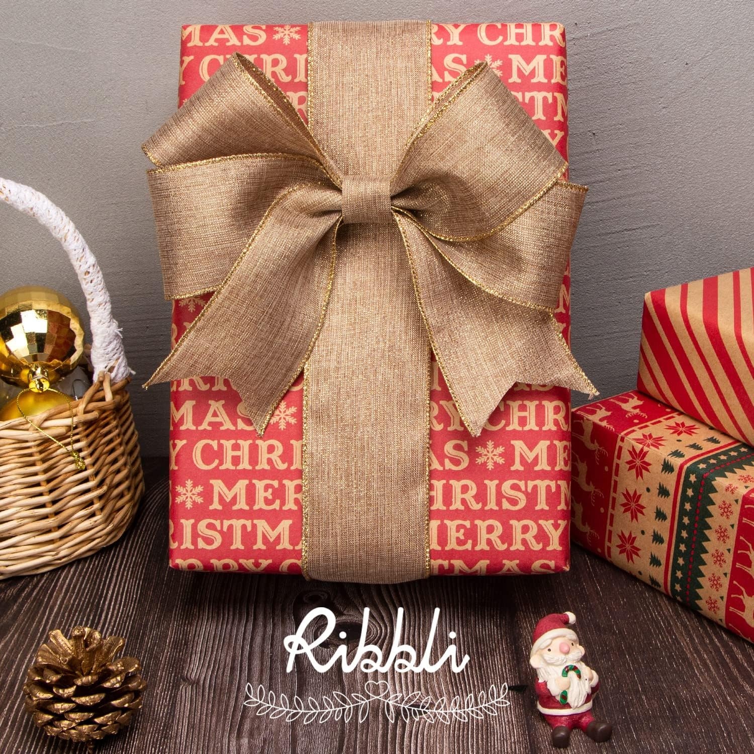Ribbli Metallic Beige Linen Wired Ribbon,2-1/2 Inch x Continuous 10 Yard, Natural Burlap Ribbon with Gold Edge,Christmas Ribbon for Wreaths,Big Bow,Gift Wrapping, Christmas Tree Decoration(Beige/Gold)