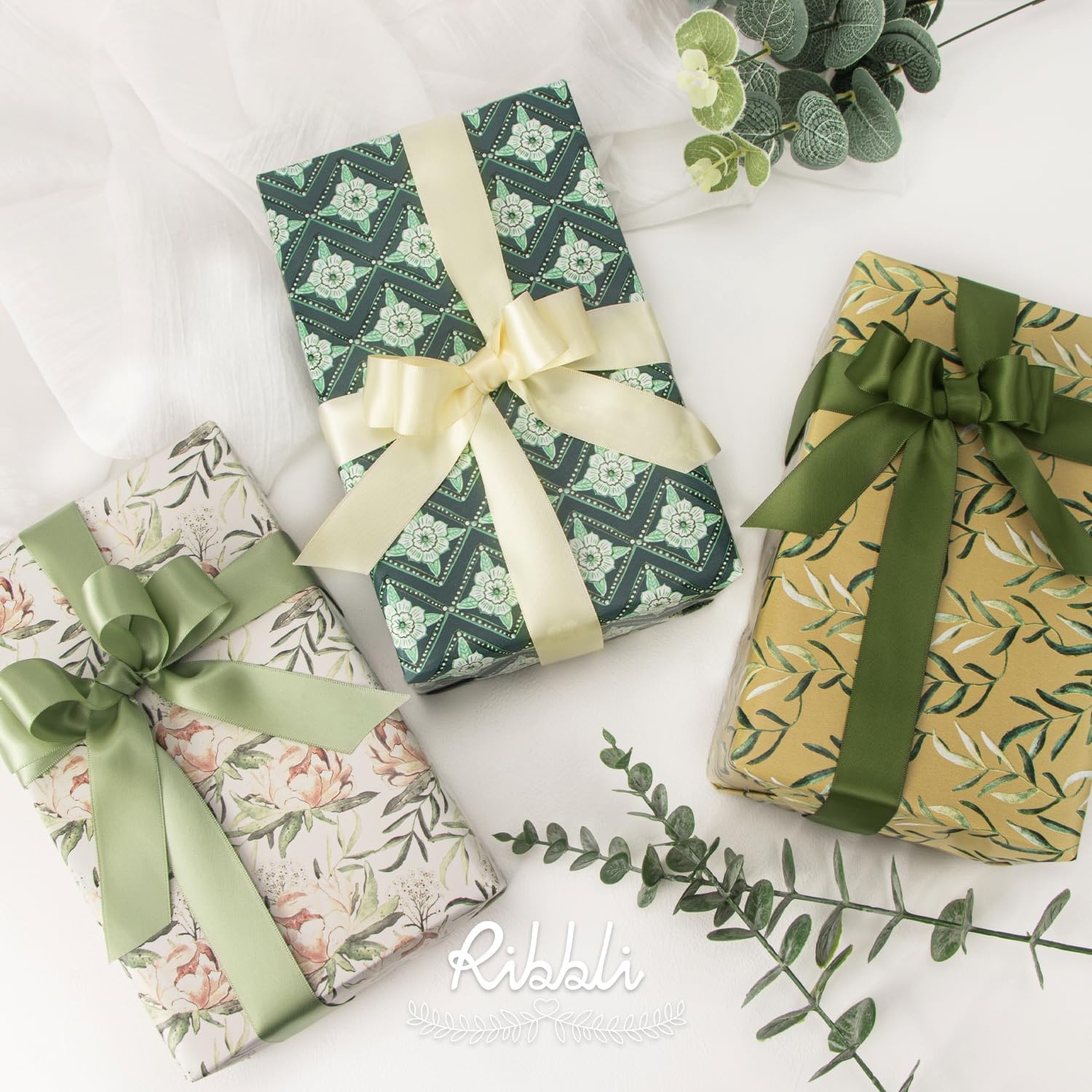Ribbli Dusty Blue Satin Ribbon Double Faced Satin 1-1/2 Inch x Continuous 50 Yards-Blue Ribbon for Gift Wrapping Crafts Wedding Decoration Bows Bouquet Floral Arrangement(Green Moss)