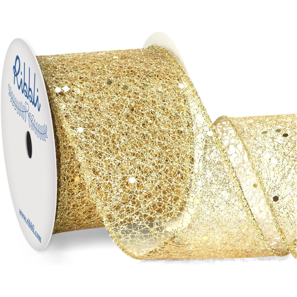 Ribbli Gold Glitter Wired Ribbon for Christmas Tree Fine Mesh Sparkling 2.5 Inch x 10 Yard Christmas Wired Ribbon for Gift Wrapping Crafts Wreath Supplies(Gold)