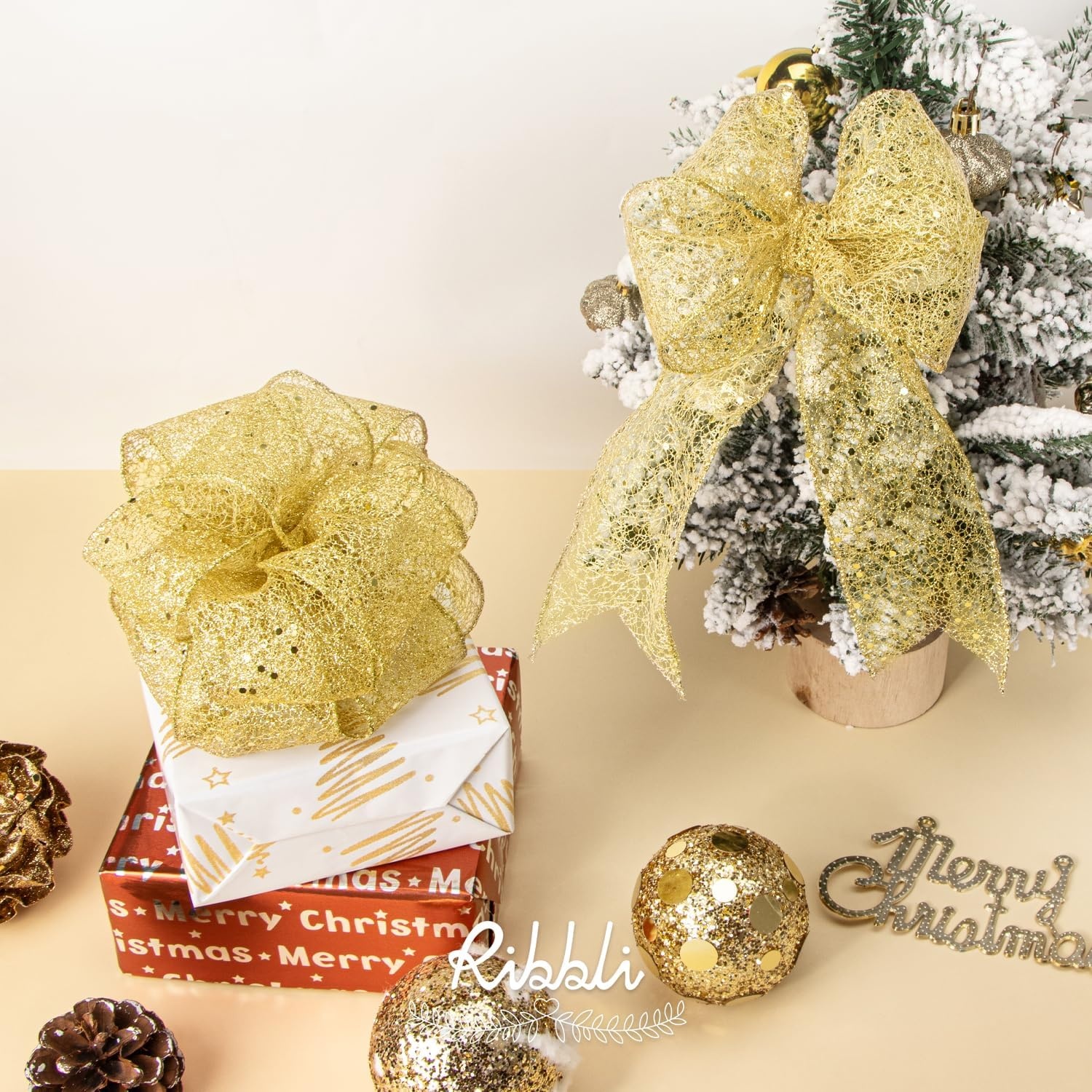 Ribbli Gold Glitter Wired Ribbon for Christmas Tree Fine Mesh Sparkling 2.5 Inch x 10 Yard Christmas Wired Ribbon for Gift Wrapping Crafts Wreath Supplies(Gold)
