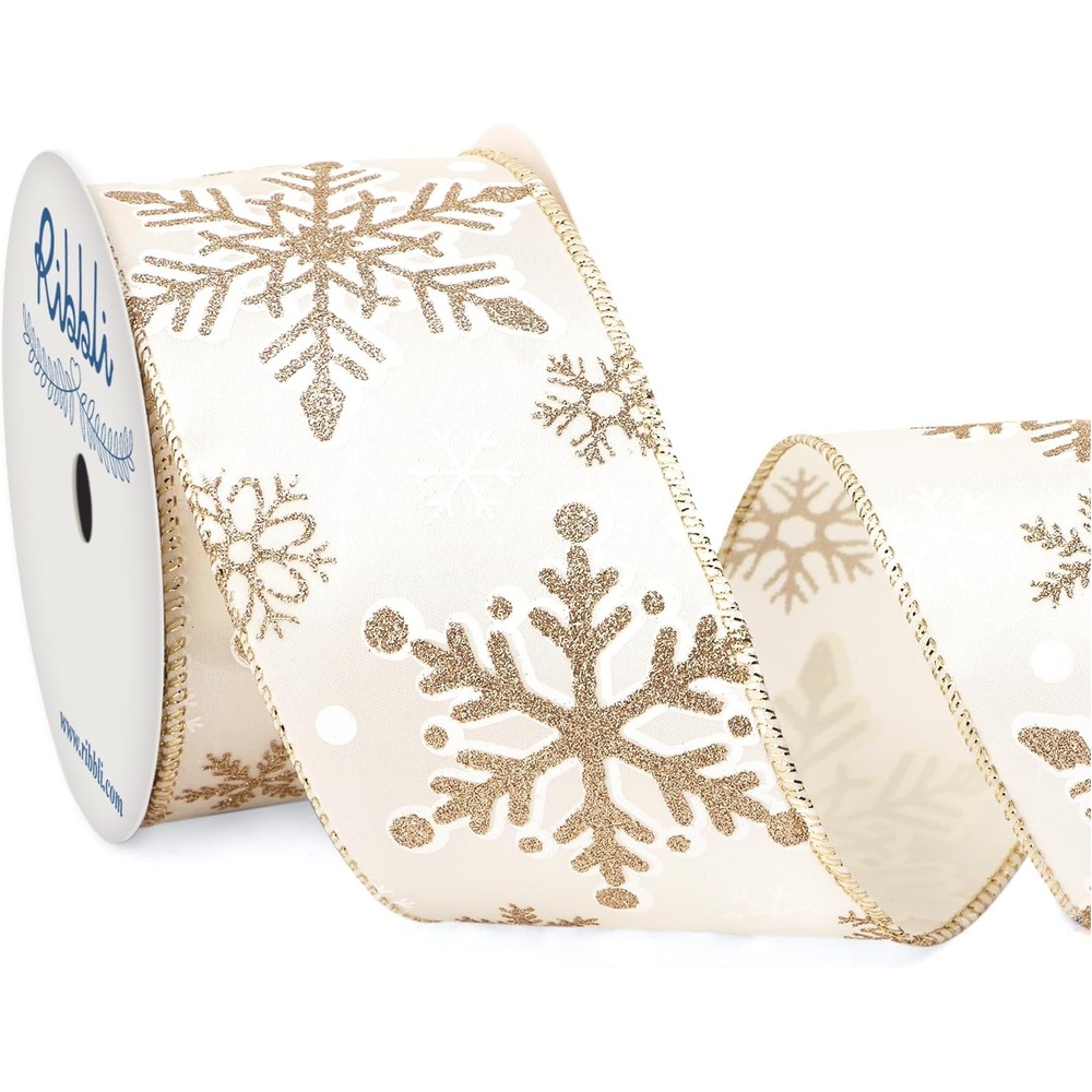 Ribbli Gold Snowflake Wired Ribbon,Ivory Satin with Big Glitter Snowflake Christmas Ribbon for Wreath ChritmasTree Decoration Gift Wrapping Home Decor, 2-1/2 Inch x 10 Yards(Champagne)