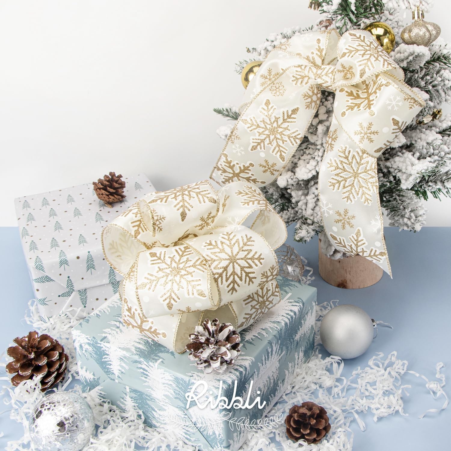 Ribbli Gold Snowflake Wired Ribbon,Ivory Satin with Big Glitter Snowflake Christmas Ribbon for Wreath ChritmasTree Decoration Gift Wrapping Home Decor, 2-1/2 Inch x 10 Yards(Champagne)