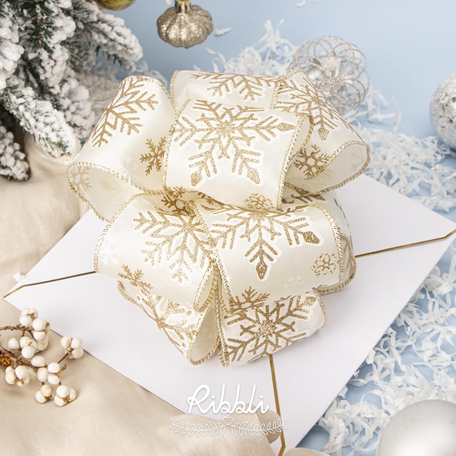 Ribbli Gold Snowflake Wired Ribbon,Ivory Satin with Big Glitter Snowflake Christmas Ribbon for Wreath ChritmasTree Decoration Gift Wrapping Home Decor, 2-1/2 Inch x 10 Yards(Champagne)