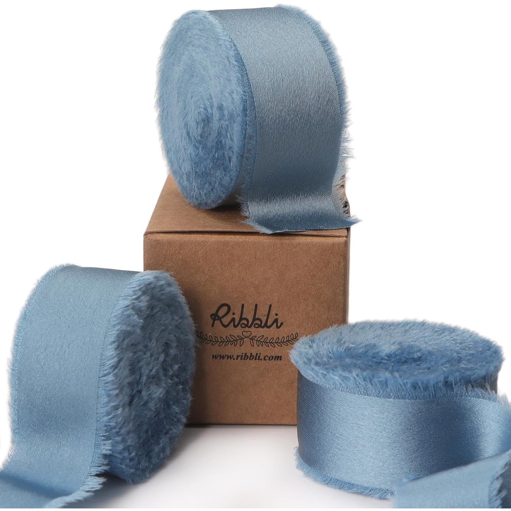 Ribbli Terracotta Silk Satin Ribbon 1.5 Inch x 30 Yard Handmade Frayed Chiffon Burnt Orange Ribbon for Gift Wrapping Wedding Invitations Bridal Bouquets Home Decor(Dusty Blue)