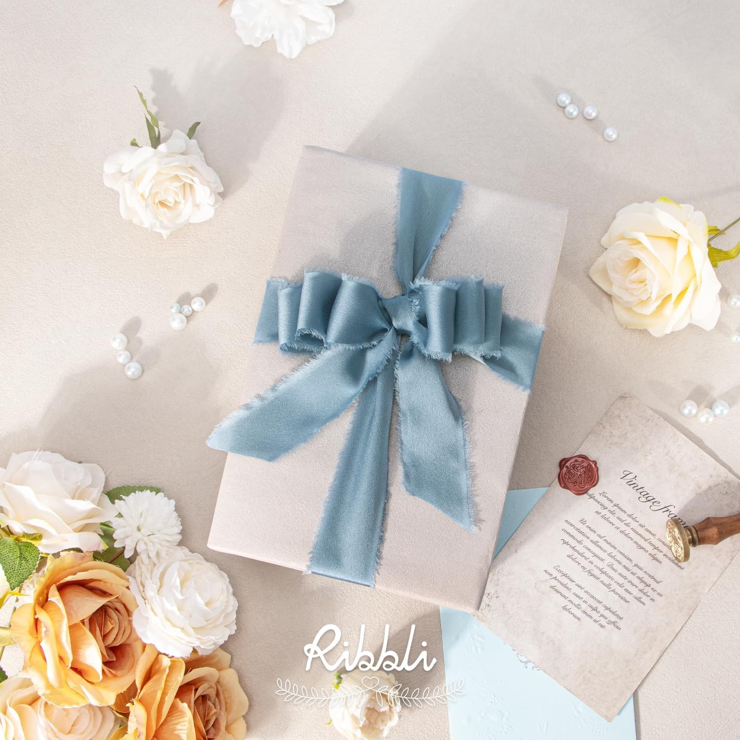 Ribbli Terracotta Silk Satin Ribbon 1.5 Inch x 30 Yard Handmade Frayed Chiffon Burnt Orange Ribbon for Gift Wrapping Wedding Invitations Bridal Bouquets Home Decor(Dusty Blue)
