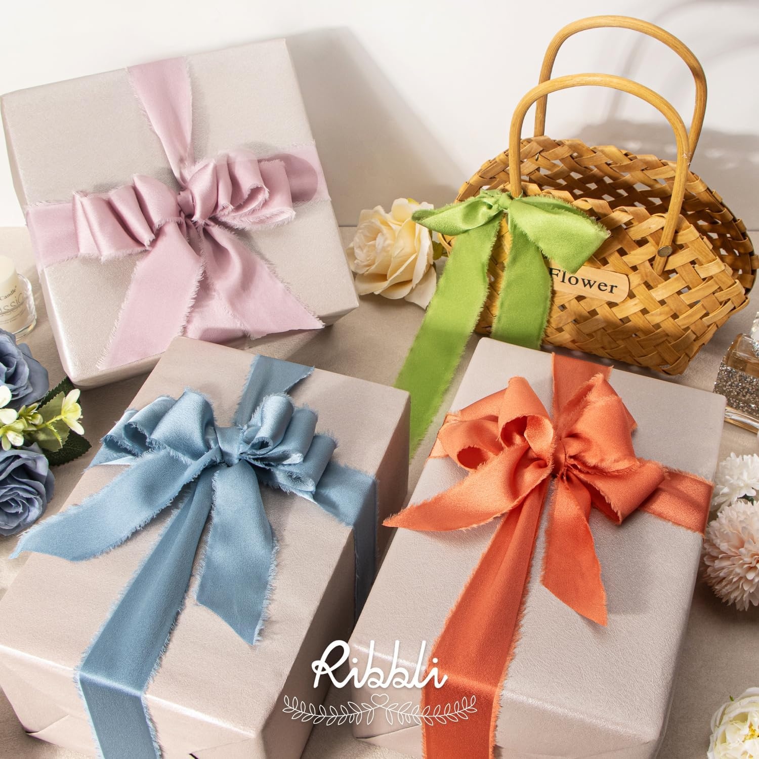 Ribbli Terracotta Silk Satin Ribbon 1.5 Inch x 30 Yard Handmade Frayed Chiffon Burnt Orange Ribbon for Gift Wrapping Wedding Invitations Bridal Bouquets Home Decor(Dusty Blue)