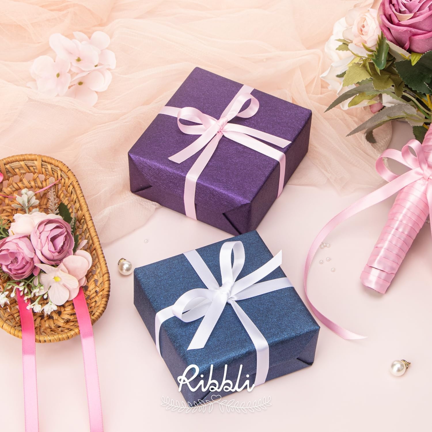 Ribbli Champagne Gold Satin Ribbon Double Faced Satin 3/8 Inch x Continuous 50 Yards-Champagne Ribbon for Gift Wrapping Crafts Wedding Decoration Bows Bouquet Floral Arrangement(Pink)