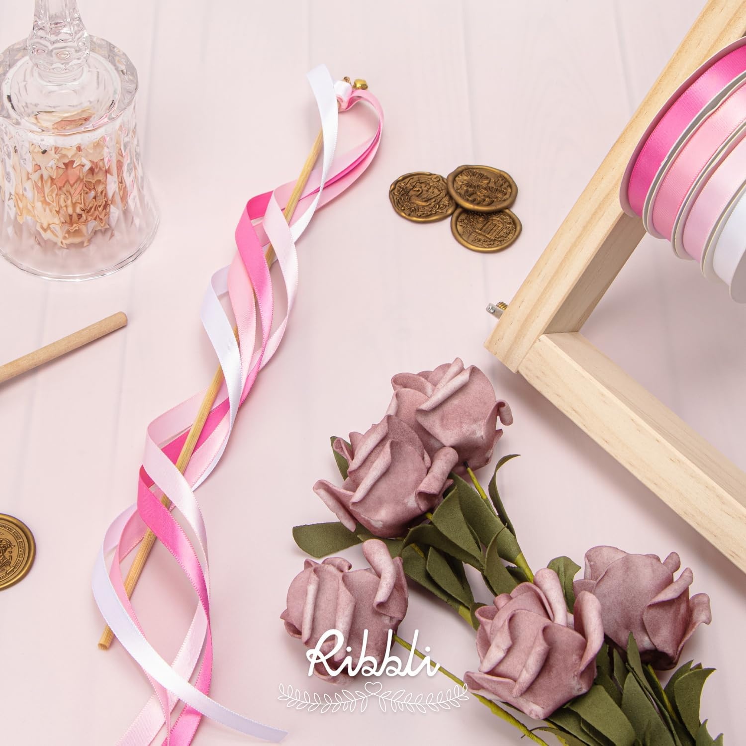 Ribbli Champagne Gold Satin Ribbon Double Faced Satin 3/8 Inch x Continuous 50 Yards-Champagne Ribbon for Gift Wrapping Crafts Wedding Decoration Bows Bouquet Floral Arrangement(Pink)