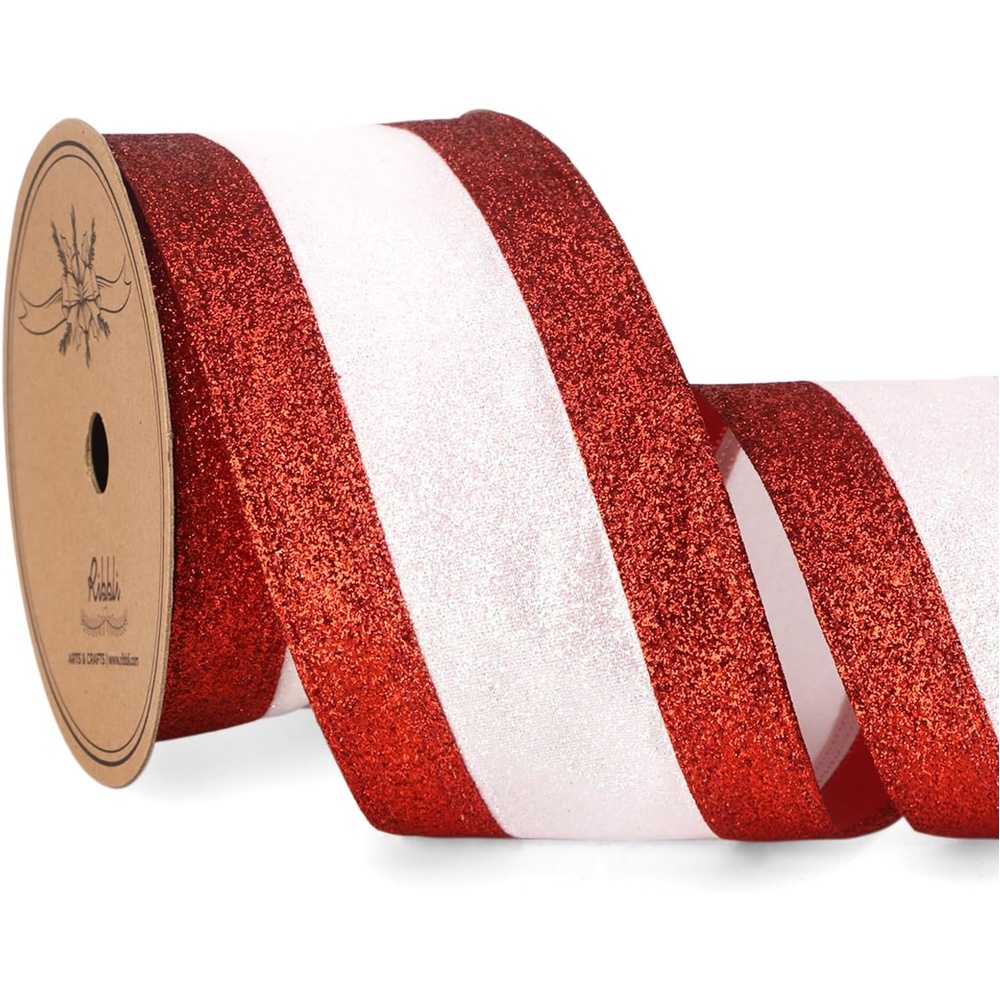 Ribbli Champagne Wired Ribbon Ivory Satin with Champagne Glitter Edge 2.5 Inch Christmas Ribbon for Tree Gift Wrapping Wreaths Garland Topper Bows Crafts Home Decor -10 Yards(Red/White)