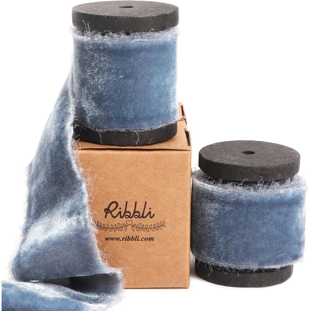 Ribbli Burgundy Velvet Ribbon 1.5 Inch Handmade Frayed Vintage Christmas Ribbon for Gift Wrapping Christmas Tree Ornament Wreath Craft Home Decor -Total 3 Yards with Wooden Spool(Dusty Blue)
