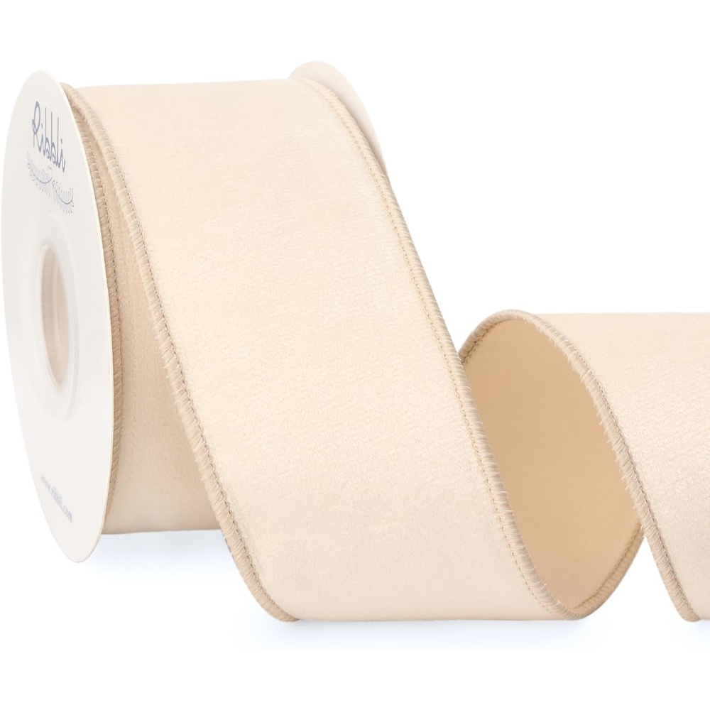 Ribbli Sage Green Velvet Wired Ribbon with Dupioni 4 Inch Christmas Ribbon for Gift Wrapping Christmas Tree Decoration Crafts Wreaths Supplies-Continuous 10 Yards(Ivory)