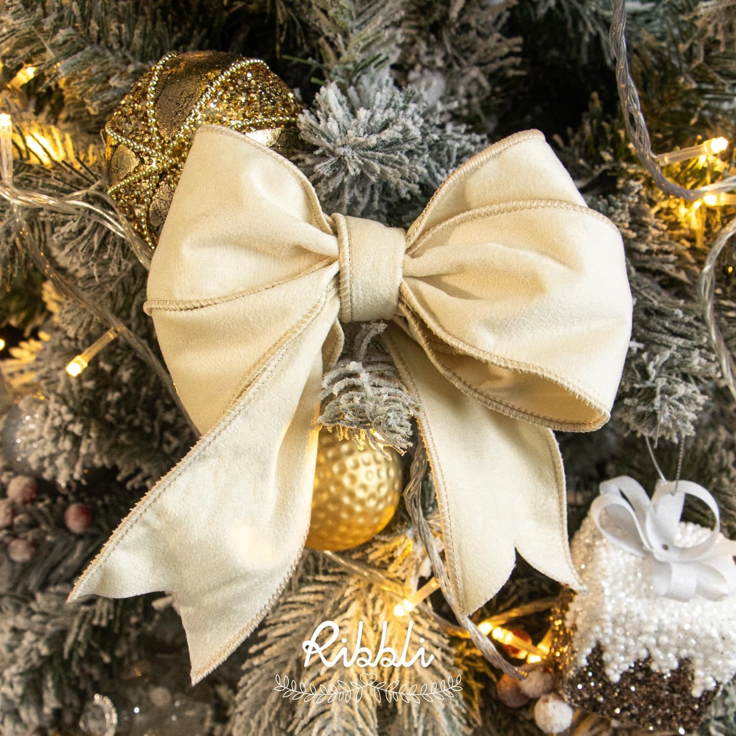 Ribbli Sage Green Velvet Wired Ribbon with Dupioni 4 Inch Christmas Ribbon for Gift Wrapping Christmas Tree Decoration Crafts Wreaths Supplies-Continuous 10 Yards(Ivory)