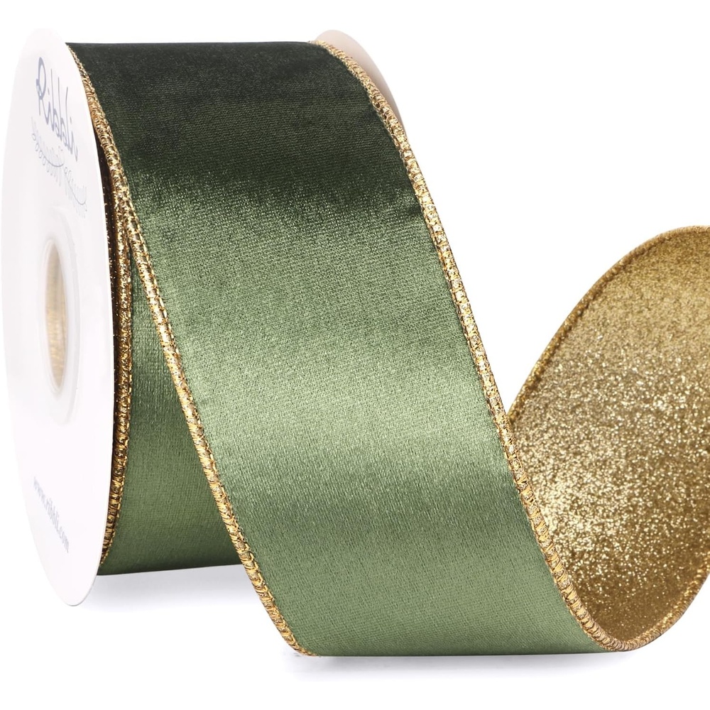 Ribbli Moss Green Velvet Ribbon Wired 2.5 Inch Glossy Velvet with Gold Glitter Christmas Ribbon for Christmas Tree Decoration Big Bow Gift Wrapping Crafts Wreaths Supplies – Continuous 10 Yards(Sage Green)