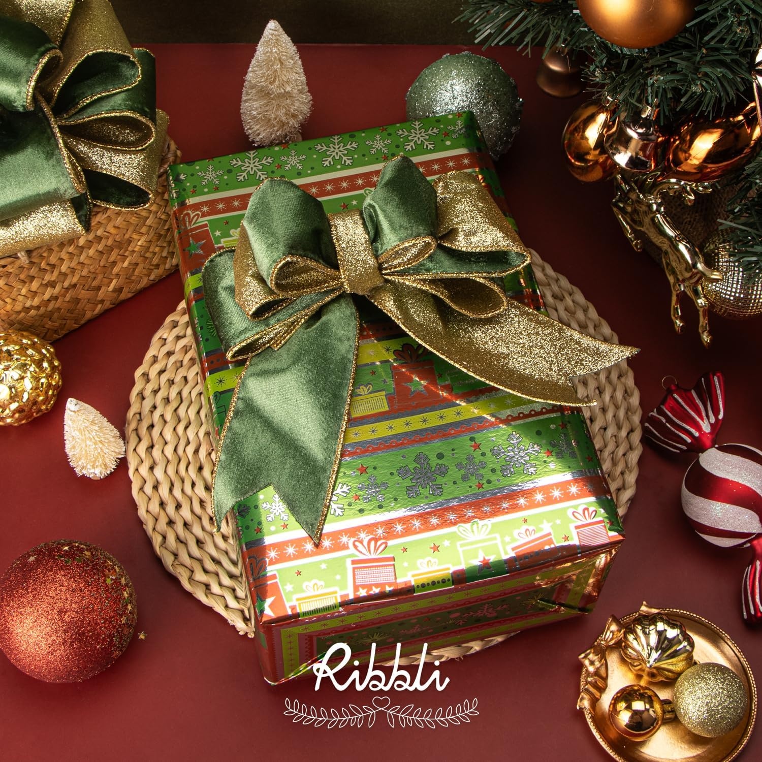 Ribbli Moss Green Velvet Ribbon Wired 2.5 Inch Glossy Velvet with Gold Glitter Christmas Ribbon for Christmas Tree Decoration Big Bow Gift Wrapping Crafts Wreaths Supplies – Continuous 10 Yards(Sage Green)