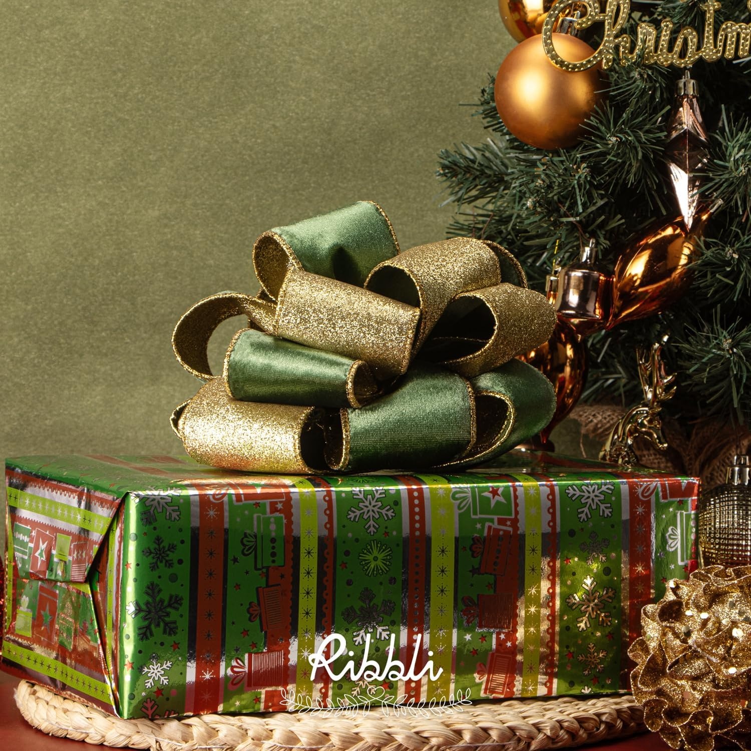 Ribbli Moss Green Velvet Ribbon Wired 2.5 Inch Glossy Velvet with Gold Glitter Christmas Ribbon for Christmas Tree Decoration Big Bow Gift Wrapping Crafts Wreaths Supplies – Continuous 10 Yards(Sage Green)