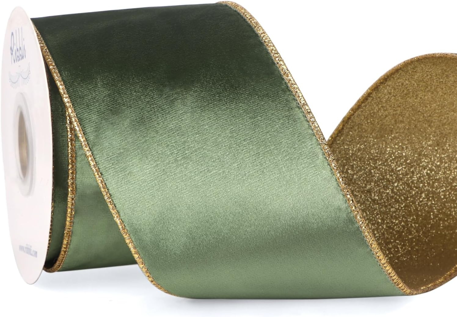Ribbli Moss Green Velvet Ribbon Wired 2.5 Inch Glossy Velvet with Gold Glitter Christmas Ribbon for Christmas Tree Decoration Big Bow Gift Wrapping Crafts Wreaths Supplies – Continuous 10 Yards(Sage Green)