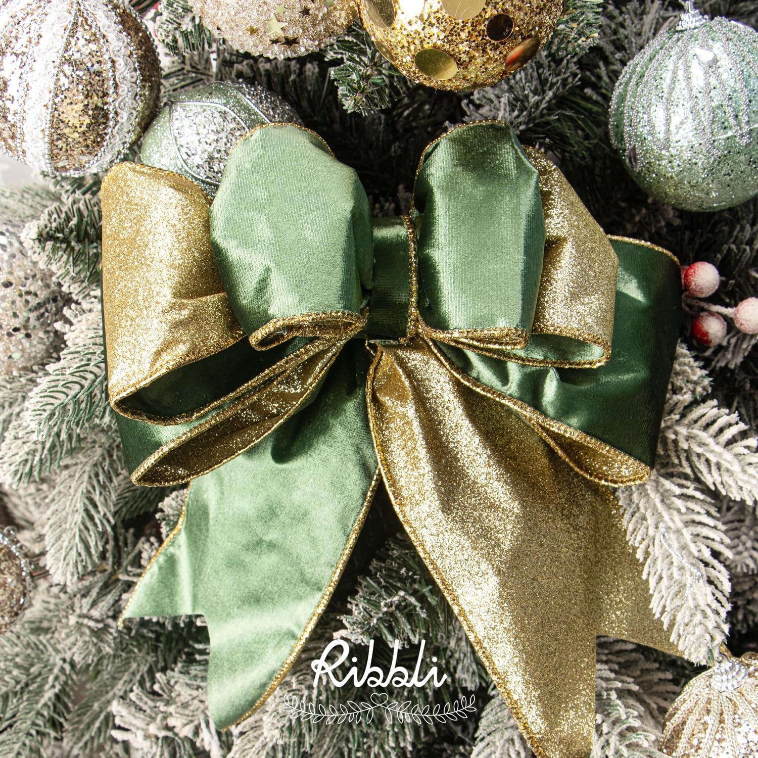 Ribbli Moss Green Velvet Ribbon Wired 2.5 Inch Glossy Velvet with Gold Glitter Christmas Ribbon for Christmas Tree Decoration Big Bow Gift Wrapping Crafts Wreaths Supplies – Continuous 10 Yards(Sage Green)