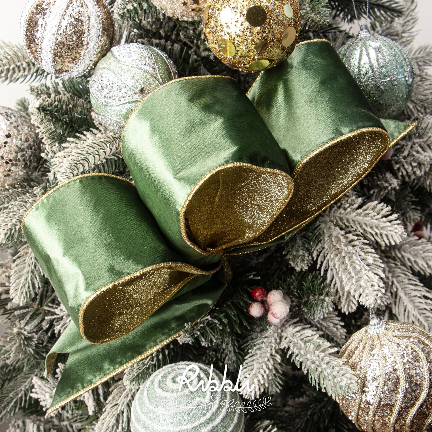 Ribbli Moss Green Velvet Ribbon Wired 2.5 Inch Glossy Velvet with Gold Glitter Christmas Ribbon for Christmas Tree Decoration Big Bow Gift Wrapping Crafts Wreaths Supplies – Continuous 10 Yards(Sage Green)
