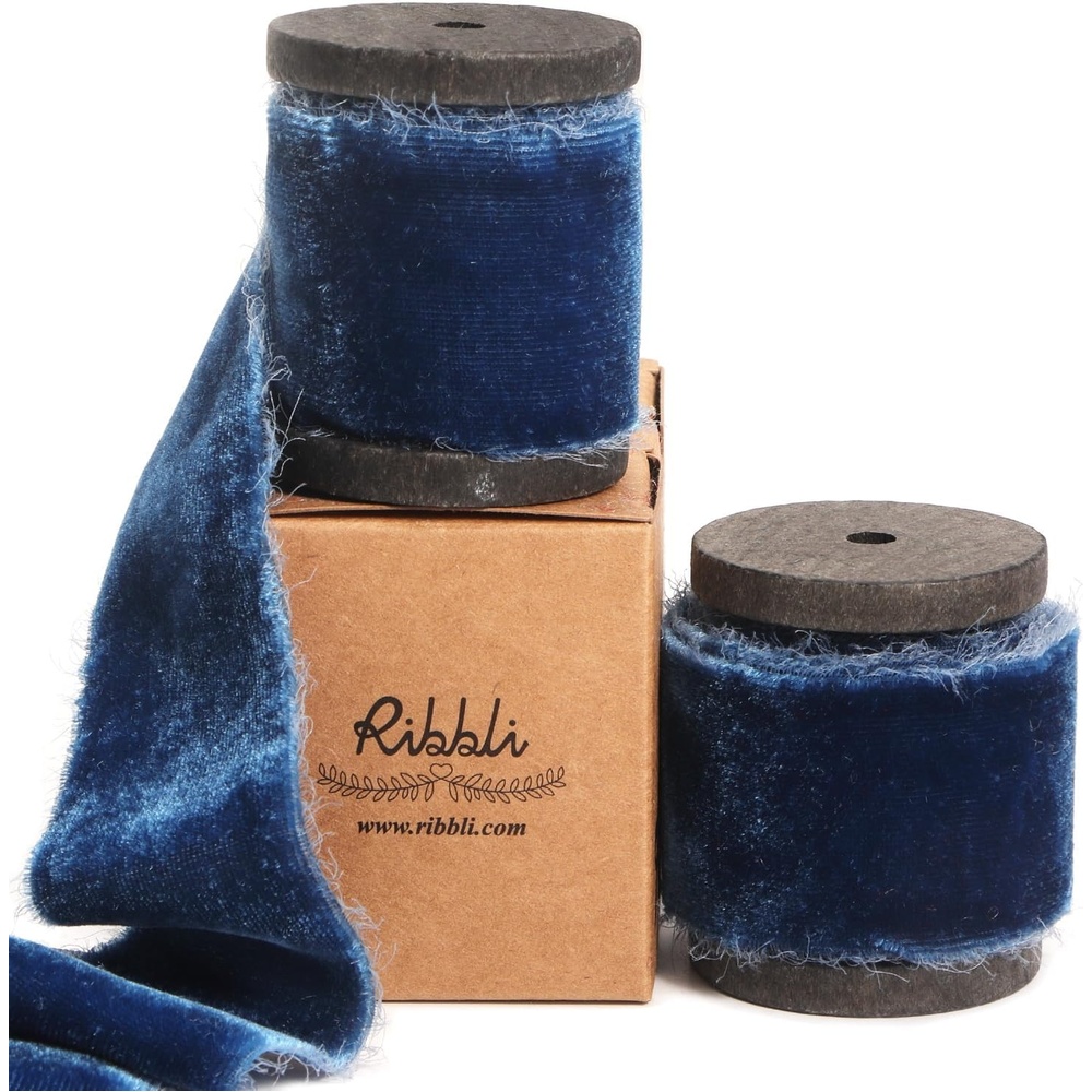 Ribbli Burgundy Velvet Ribbon 1.5 Inch Handmade Frayed Vintage Christmas Ribbon for Gift Wrapping Christmas Tree Ornament Wreath Craft Home Decor -Total 3 Yards with Wooden Spool(Ocean Blue)