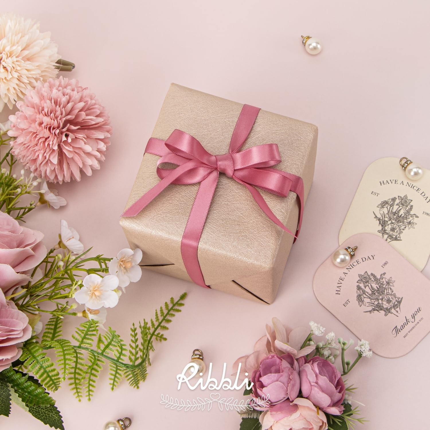 Ribbli Champagne Gold Satin Ribbon Double Faced Satin 3/8 Inch x Continuous 50 Yards-Champagne Ribbon for Gift Wrapping Crafts Wedding Decoration Bows Bouquet Floral Arrangement(Rosy Mauve)