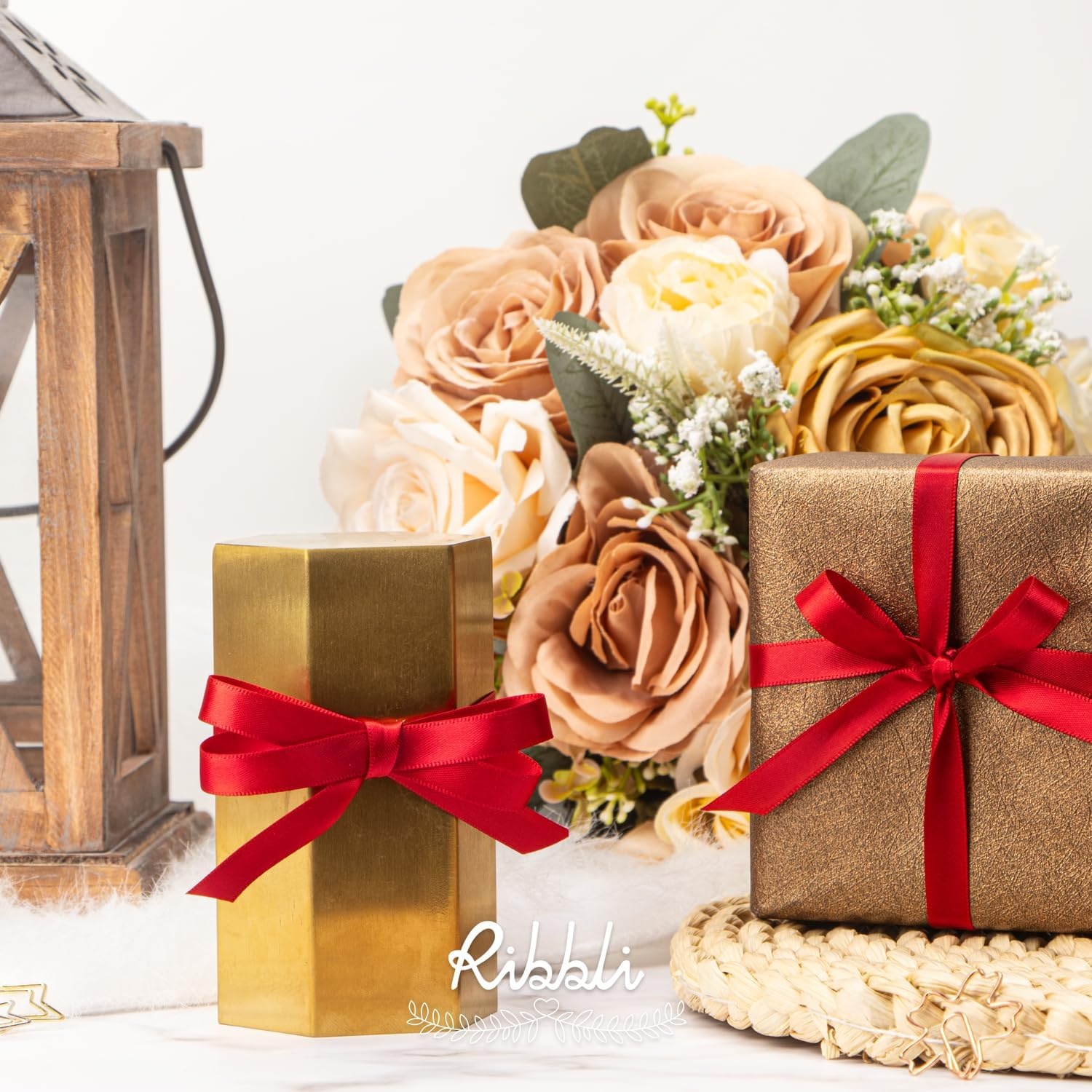 Ribbli Champagne Gold Satin Ribbon Double Faced Satin 3/8 Inch x Continuous 50 Yards-Champagne Ribbon for Gift Wrapping Crafts Wedding Decoration Bows Bouquet Floral Arrangement(Red)