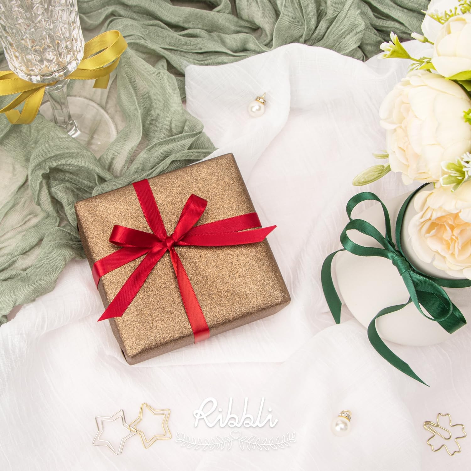 Ribbli Champagne Gold Satin Ribbon Double Faced Satin 3/8 Inch x Continuous 50 Yards-Champagne Ribbon for Gift Wrapping Crafts Wedding Decoration Bows Bouquet Floral Arrangement(Red)