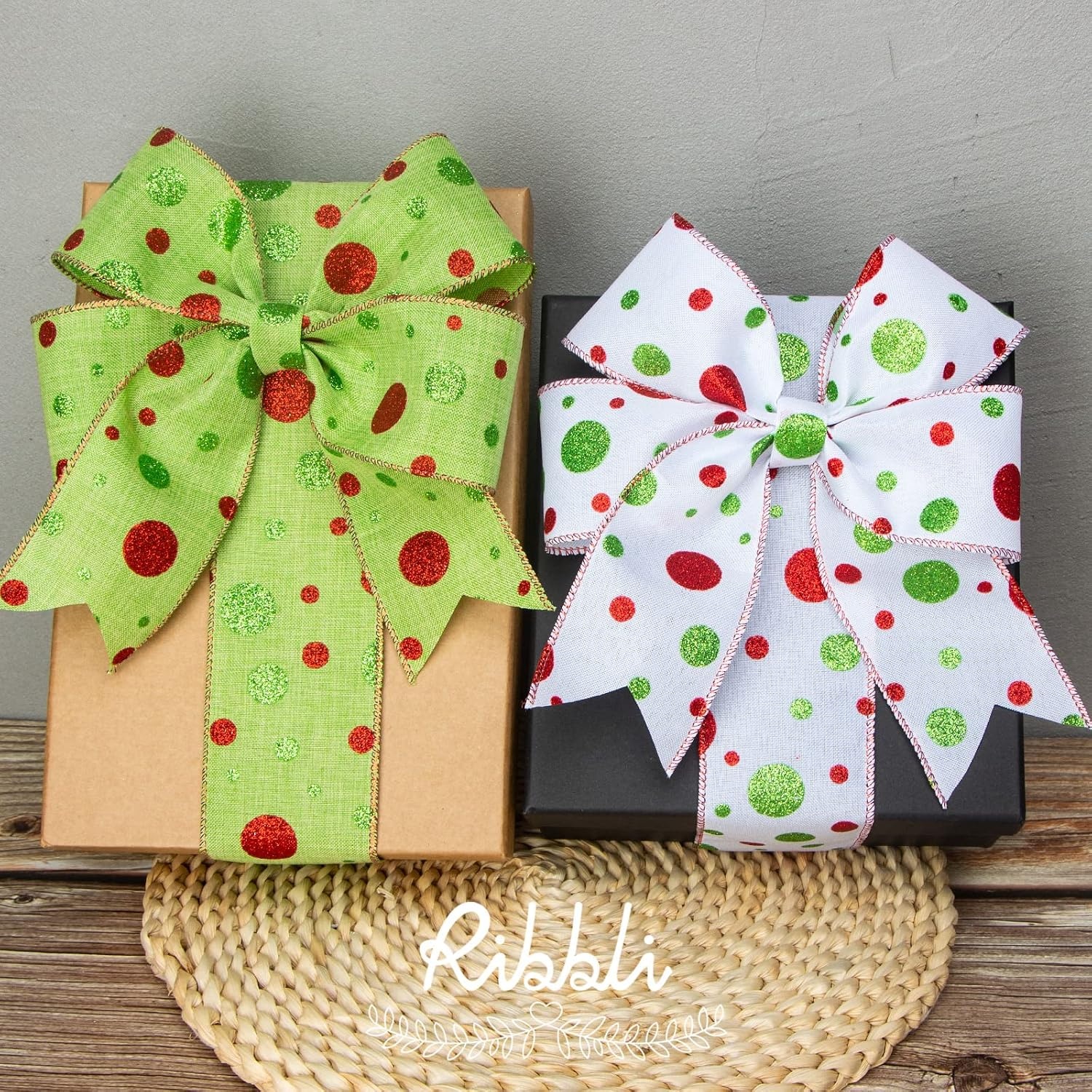 Ribbli Christmas Glitter Dot Wired Ribbons, Green and Red Dot Ribbon 2.5 Inch x Continuous 10 Yard Christmas Ribbon for Crafts, Big Bow,Gift Wrapping,Wreath,Tree Decoration-White(White/Red/Lime)