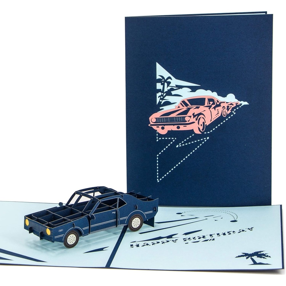 Ribbli Muscle Car (Navy) Handmade 3D Pop Up Card, Birthday Cards for Him Her Men Women Dad Husband Boy Boyfriend Brother Son Kids Friend, with Envelope