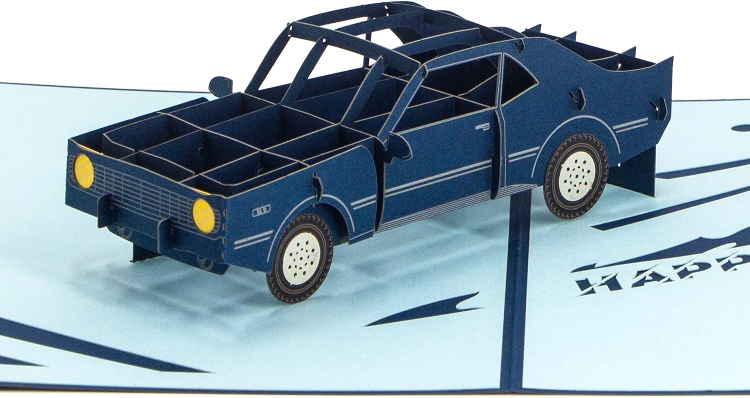 Ribbli Muscle Car (Navy) Handmade 3D Pop Up Card, Birthday Cards for Him Her Men Women Dad Husband Boy Boyfriend Brother Son Kids Friend, with Envelope