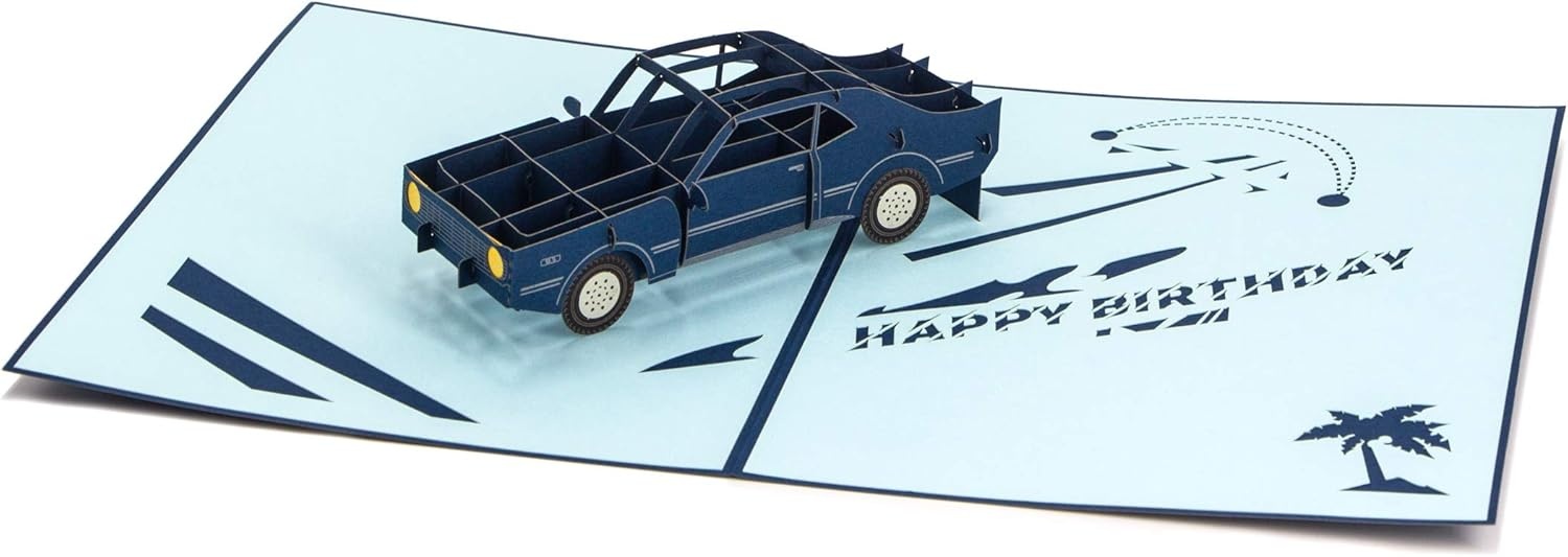 Ribbli Muscle Car (Navy) Handmade 3D Pop Up Card, Birthday Cards for Him Her Men Women Dad Husband Boy Boyfriend Brother Son Kids Friend, with Envelope