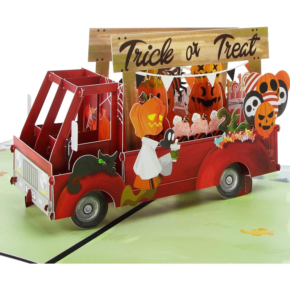 Ribbli Halloween Pop Up Card – 3D Greeting Card, Trick or Treat Card, Pumpkin Truck Card, Happy Halloween Card for Kids Grandson Granddaughter Boyfriend Son Daughter, with Envelope
