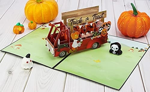 Ribbli Halloween Pop Up Card – 3D Greeting Card, Trick or Treat Card, Pumpkin Truck Card, Happy Halloween Card for Kids Grandson Granddaughter Boyfriend Son Daughter, with Envelope