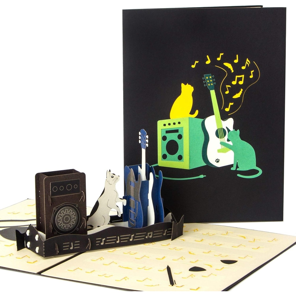 Ribbli Guitar and Cat 3D Handmade Pop Up Card for Birthday Fathers Day, Cat Birtdahy Cards for Men Women Guitar Lover, with Envelope