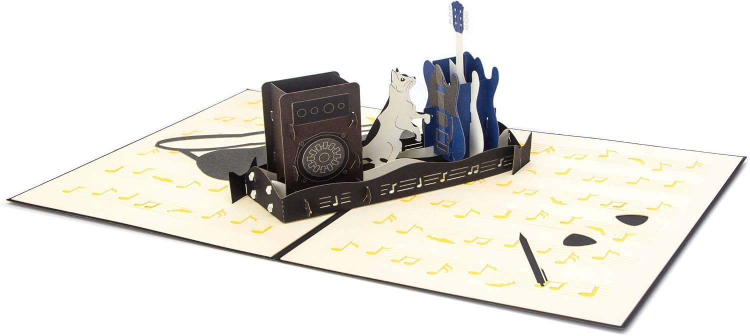 Ribbli Guitar and Cat 3D Handmade Pop Up Card for Birthday Fathers Day, Cat Birtdahy Cards for Men Women Guitar Lover, with Envelope