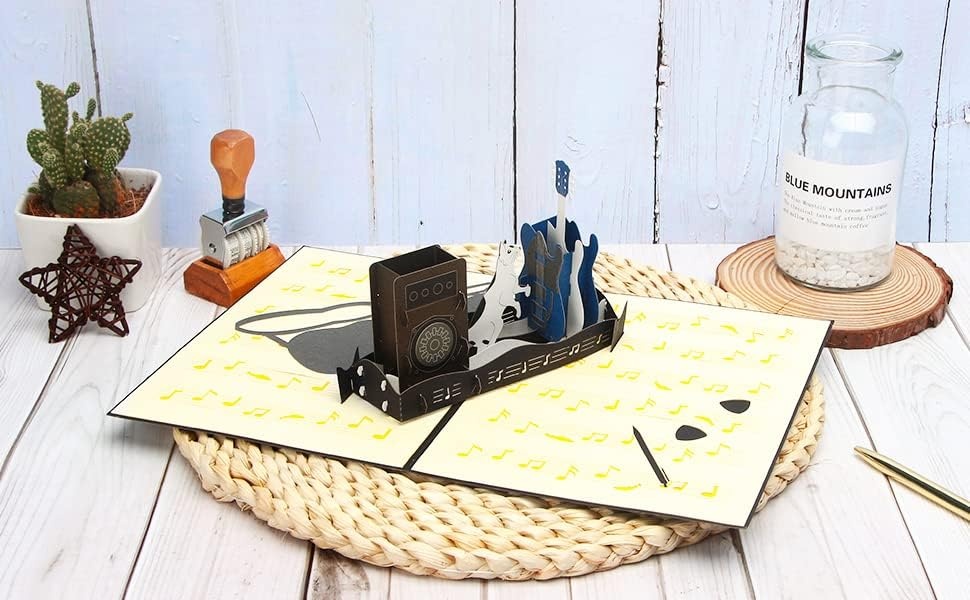 Ribbli Guitar and Cat 3D Handmade Pop Up Card for Birthday Fathers Day, Cat Birtdahy Cards for Men Women Guitar Lover, with Envelope