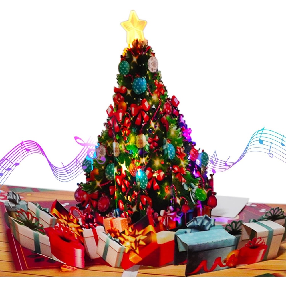 Ribbli Christmas Cards Light and Musical Christmas Tree Pop Up Card, with Envelope