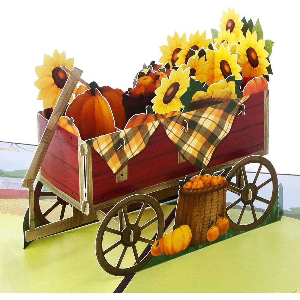 Ribbli Thanksgiving Pop Up Card – Fall Thank You Card, 3D Greeting Card, Harvest Trailer Card, Sunflower Card, Happy Holiday Autumn Birthday, for Kids Children Husband Wife Him Her, with Envelope
