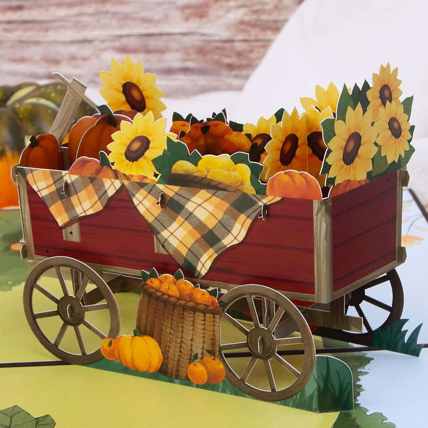 Ribbli Thanksgiving Pop Up Card – Fall Thank You Card, 3D Greeting Card, Harvest Trailer Card, Sunflower Card, Happy Holiday Autumn Birthday, for Kids Children Husband Wife Him Her, with Envelope