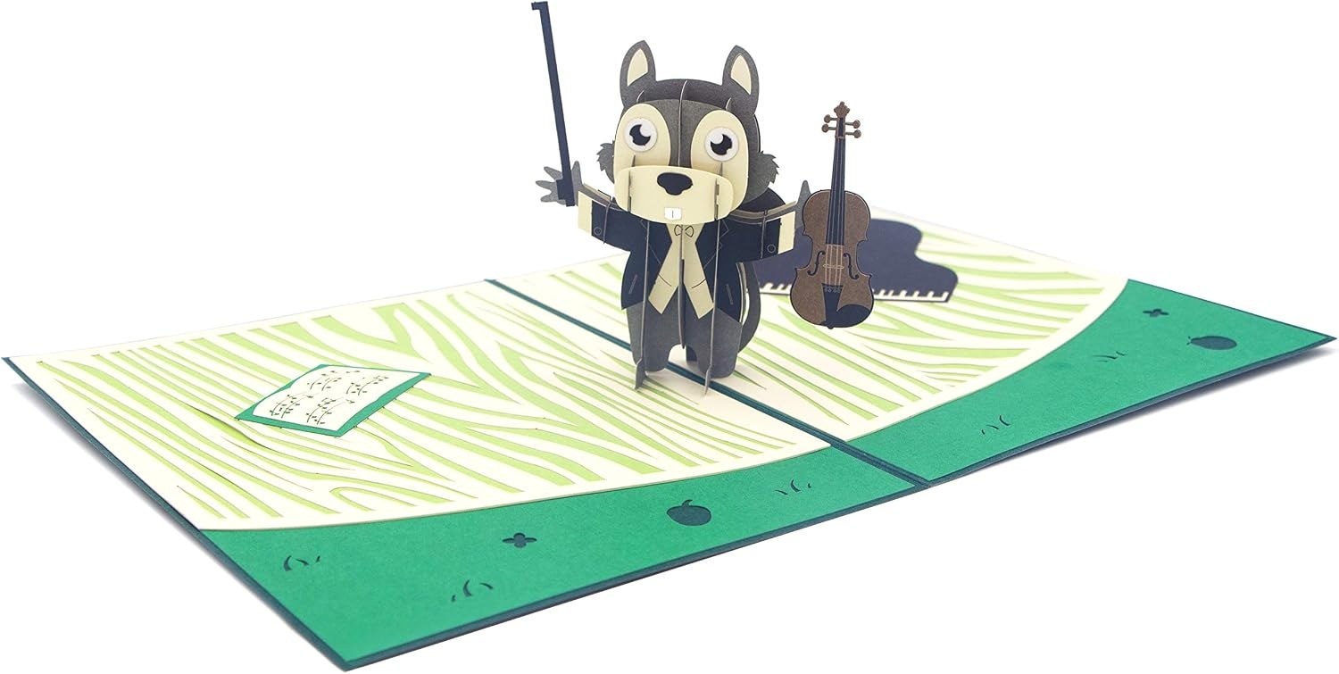 Ribbli Squirrel and Violin Handmade 3D Pop Up Card,Greeting Card,Birthday Card,For Musician,Mothers Day,Fathers Day,Get Well,Congratulations,Anniversary,Any Occasion