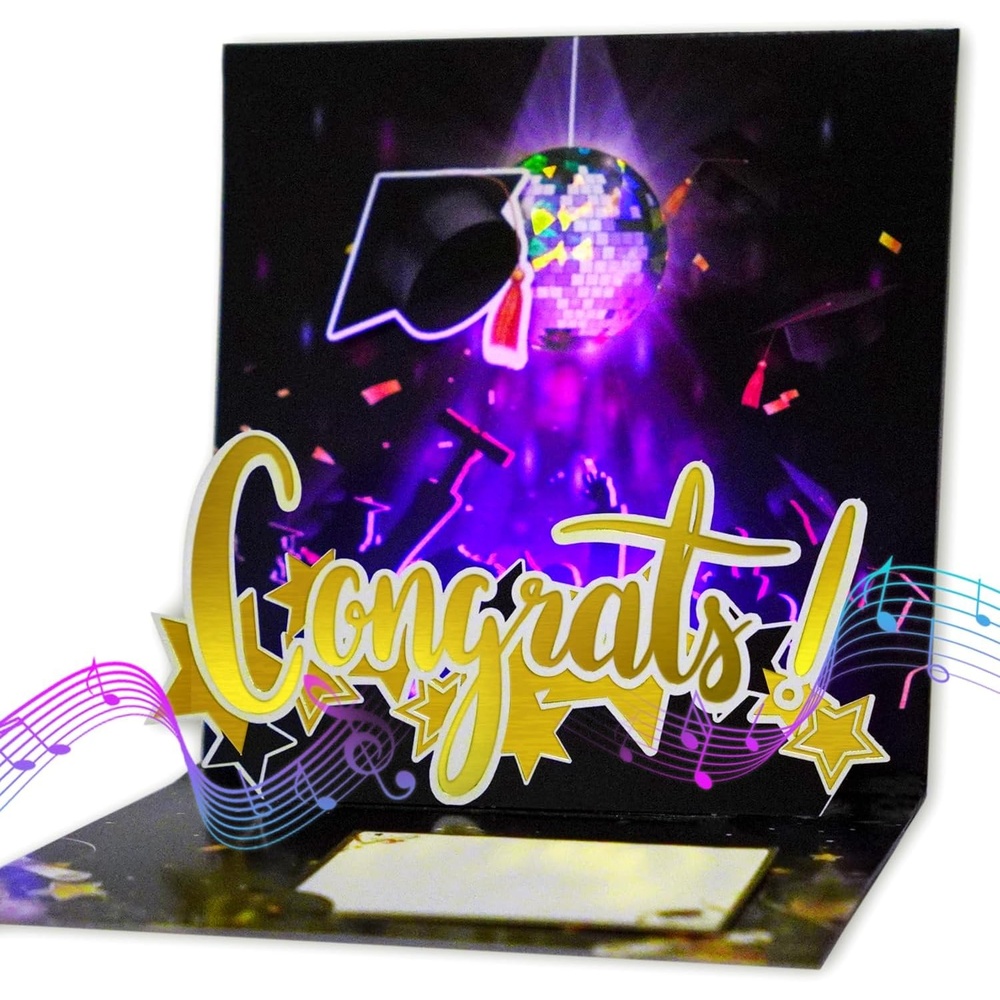 Ribbli Graduation Cards, Black and Gold Pop Up Graduation Card with Light and Music, Funny Bouncing Cap Congrats Grad Gift for 2025 High School College University Graduates, with Envelope