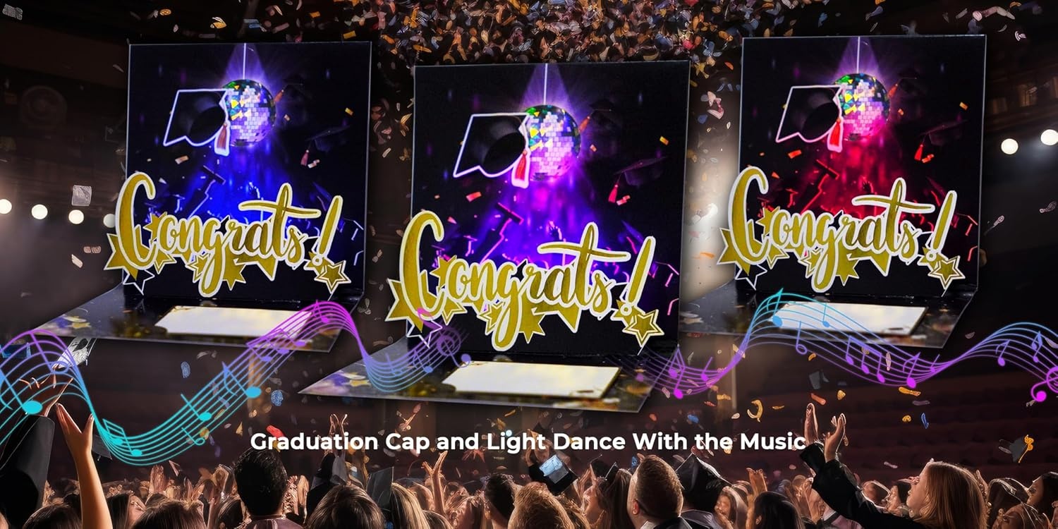 Ribbli Graduation Cards, Black and Gold Pop Up Graduation Card with Light and Music, Funny Bouncing Cap Congrats Grad Gift for 2025 High School College University Graduates, with Envelope