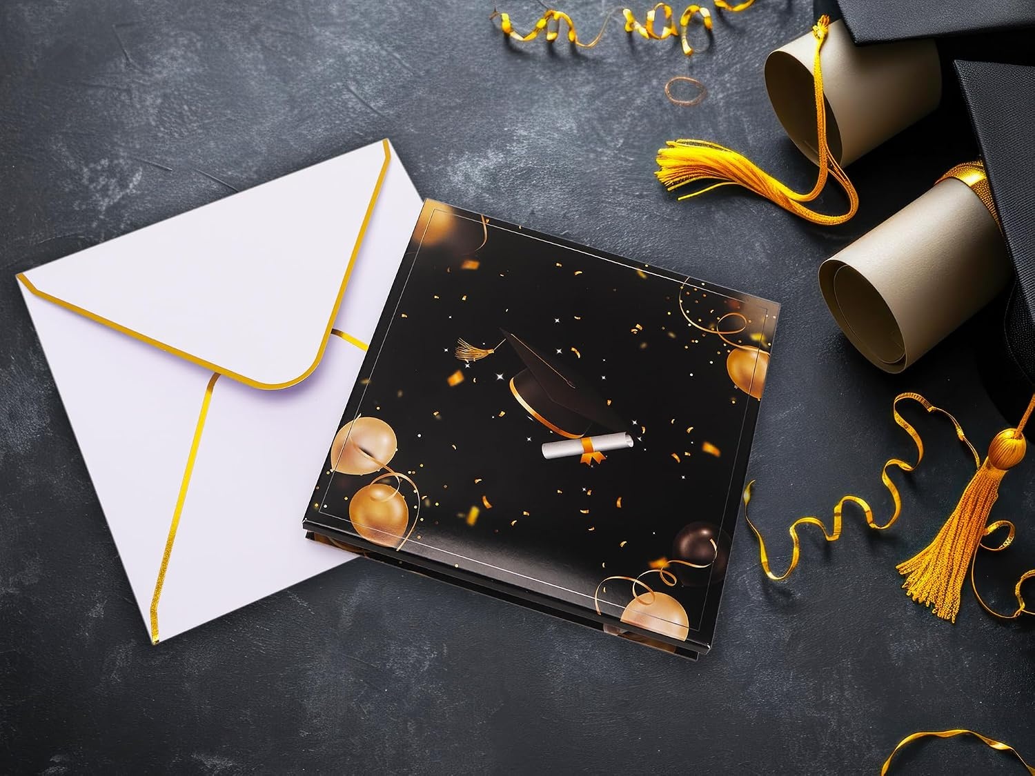 Ribbli Graduation Cards, Black and Gold Pop Up Graduation Card with Light and Music, Funny Bouncing Cap Congrats Grad Gift for 2025 High School College University Graduates, with Envelope