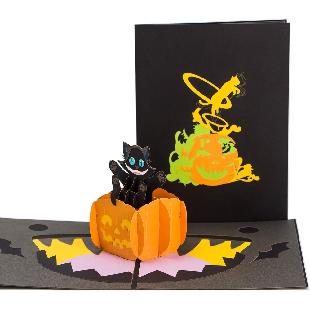 Ribbli Halloween Card, Cat and Pumpkin 3D Pop Up Greeting Card, Birthday Card, Funny Black Cat Card for Kids Children Grandson Granddaughter Boyfriend Grandchildren Teenagers Teens,with Envelope