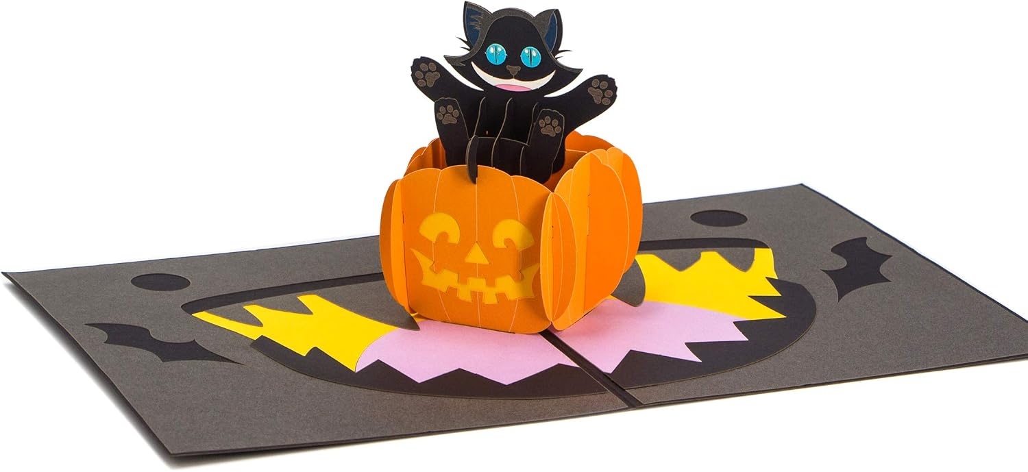 Ribbli Halloween Card, Cat and Pumpkin 3D Pop Up Greeting Card, Birthday Card, Funny Black Cat Card for Kids Children Grandson Granddaughter Boyfriend Grandchildren Teenagers Teens,with Envelope
