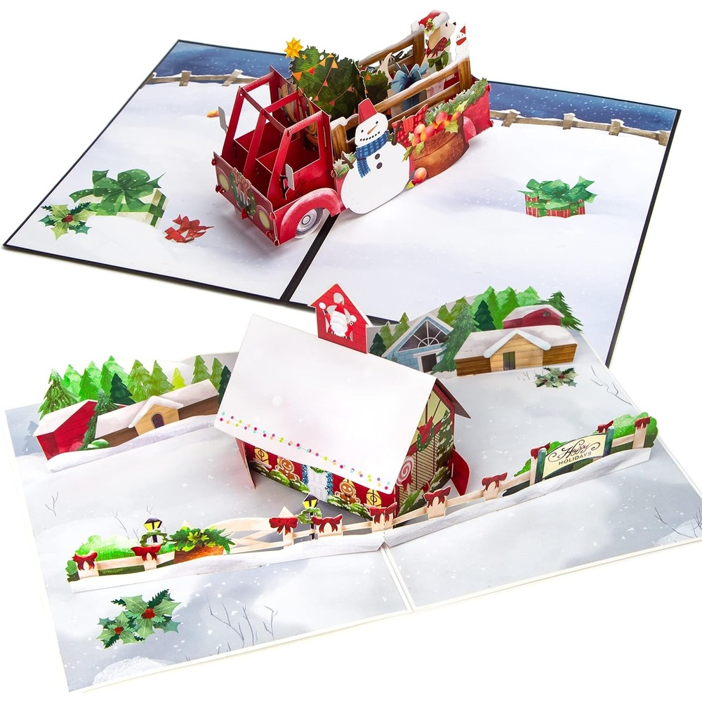 Ribbli Christmas Cards, 3D Pop Up Christmas Cards, Happy Holiday Cards, 2 Pack Christmas House and Red Truck, Merry Xmas Cards for Kids Mom Dad Son daughter Grandson Husband, with Envelopes