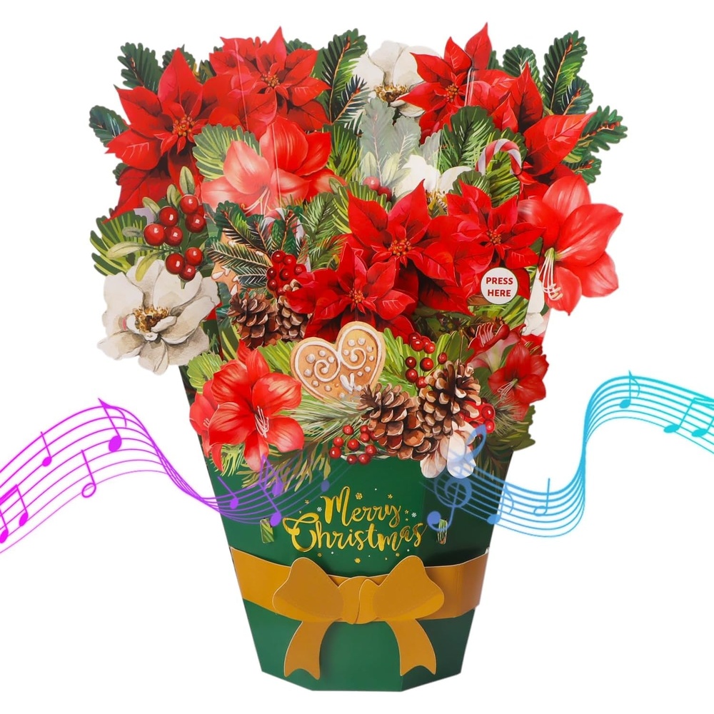 Ribbli Flower Bouquet Christmas Card with Music & Lights, Pop Up Merry Christmas Card, 3D Flower Bouquet Gift, with Envelope